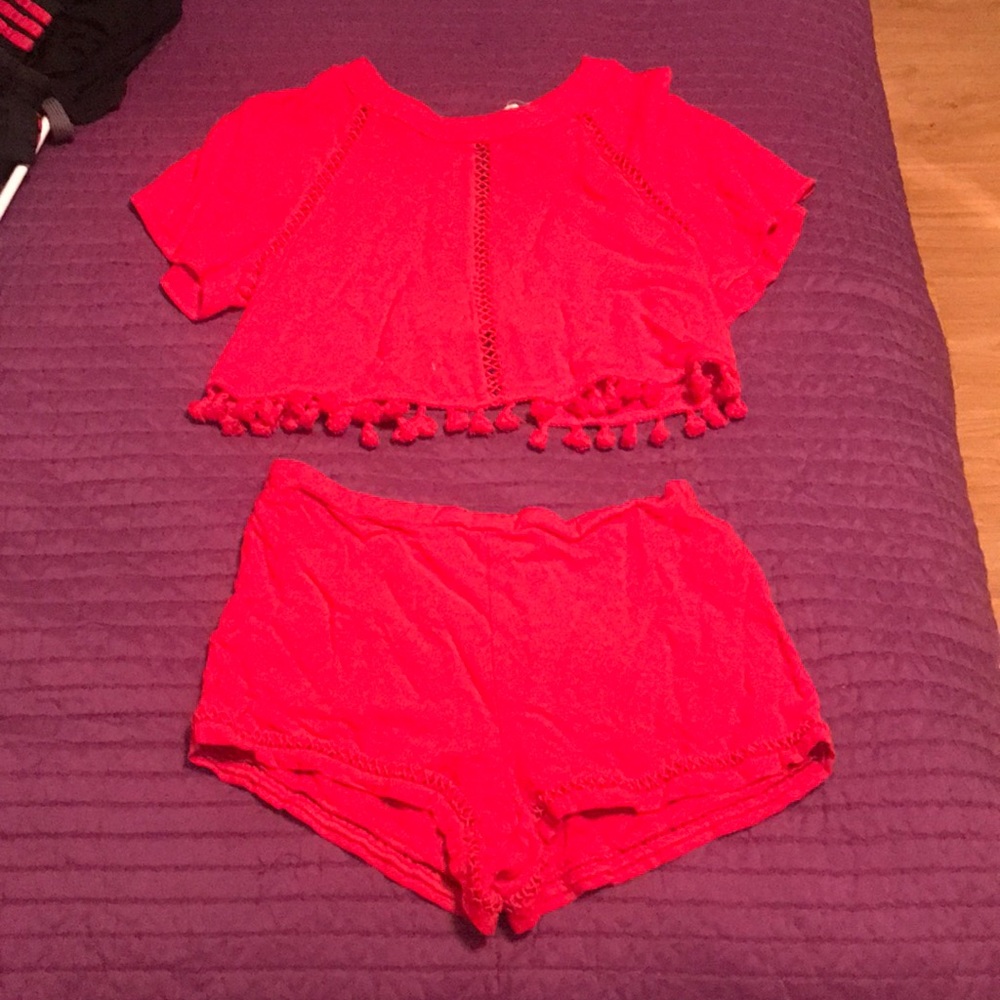 Red crop top and short set
